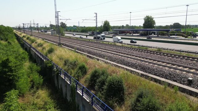 Europe, Italy , Milan 05,28,2026 - Frecciarossa and Italo Hight speed 300km h train railway from Milan  to Turin  view from the drone - the faster way to travel  for tourist and passengers - tourist d