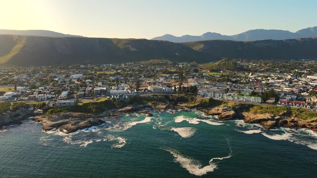 Scenic aerial of coastal town of Hermanus on Cape Whale Coast at sunset