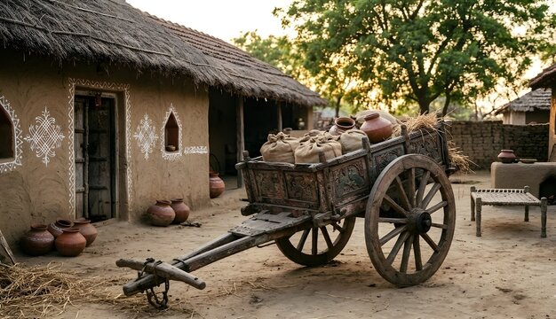Antique Indian wooden bullock cart loaded with jute sacks and clay pots in front of a traditional rural mud house