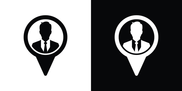 Businessman avatar icon inside a map pointer location pin. Minimalist black and white design for business navigation, corporate tracking, and user localization graphics.