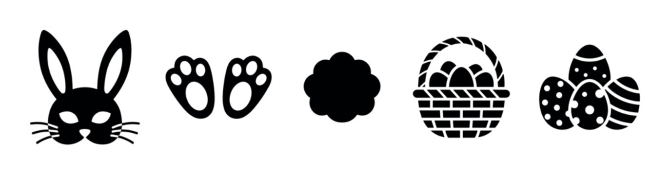 Easter bunny eggs basket paw tail symbols are presented as a black silhouette vector collection, perfect for holiday designs and decorations.