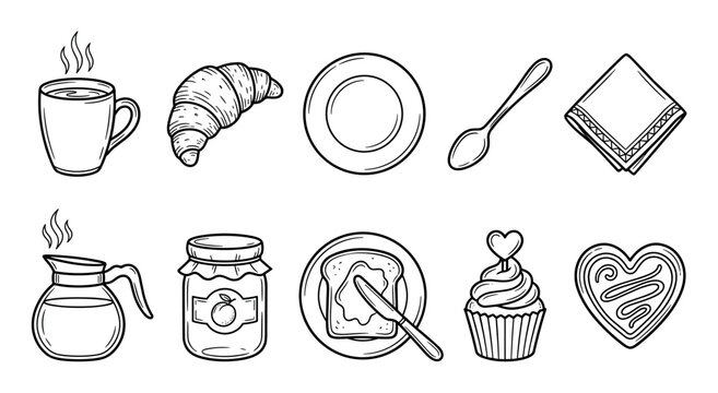 Delightful collection of hand-drawn breakfast food items, pastries, desserts, and kitchenware illustrations, perfect for morning meal concepts.