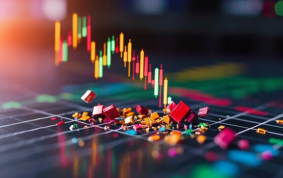 A colorful candlestick chart overlays a black financial graph, with scattered small, vibrant cubes and pieces representing data and market fluctuations.