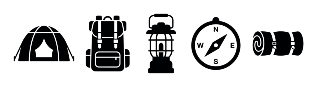 Outdoor adventure camping gear icons include tent, backpack, lantern, compass, and bedroll, representing essential equipment for wilderness exploration.