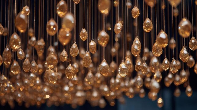 Group of small, round, golden-colored objects hanging from strings. the objects appear to be teardrop-shaped and have a shiny, metallic appearance.