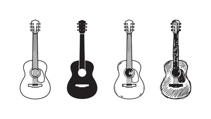Fototapeta premium Four distinct acoustic guitar designs showcasing line art, silhouette, detailed etching, and a rough, hand-drawn doodle artistic approach.