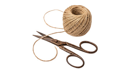 Natural jute twine rope spool with metal scissors isolated on transparent background cut out © Ivan