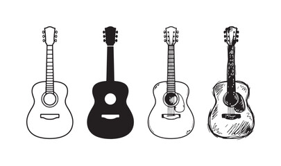 Fototapeta premium Diverse collection of acoustic guitar illustrations, featuring line art, silhouette, detailed etching, and expressive doodle styles for musical themes.