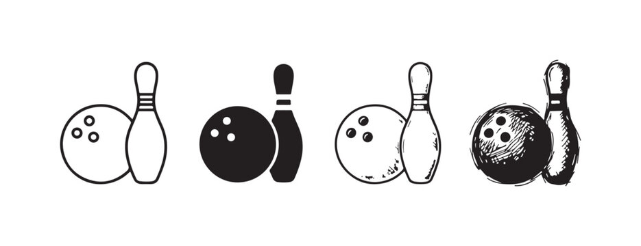 Four artistic interpretations of a bowling ball and pin, featuring clean line art, solid silhouette, detailed etching, and a dynamic doodle style.