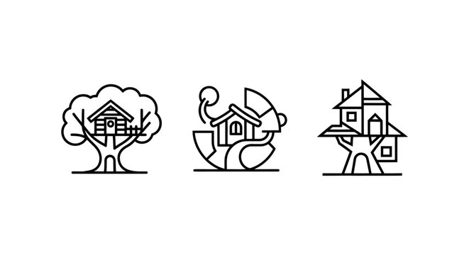 Whimsical black and white treehouse illustration set trio.