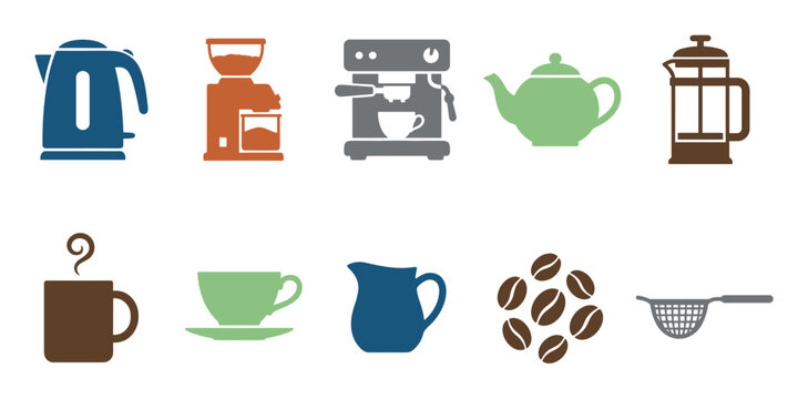 Coffee and tea preparation icons collection featuring various brewing equipment, serving items, and ingredients in a modern flat design style.