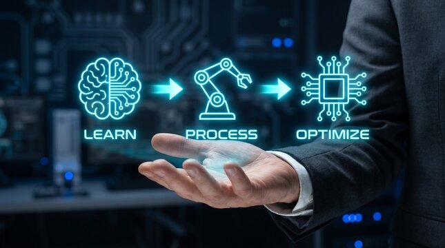 A businessman presenting a glowing blue process of learn, process, and optimize with robotic and circuit elements in a dark background with blue lights