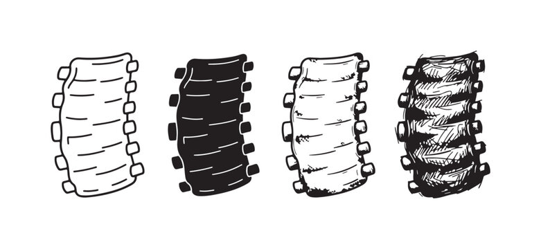 Vertical BBQ Ribs Icon Set: Outline, Solid, Detailed, and Sketchy Black and White Vector Illustrations for Meat Dishes