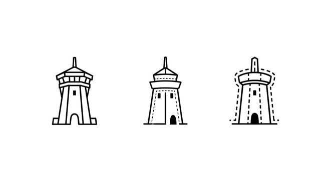 Three illustrative styles of historic watchtowers line art.