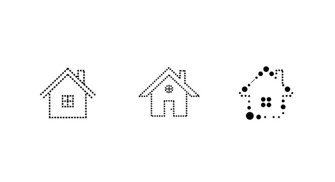 Three progressive pixelated house icons in dot design.