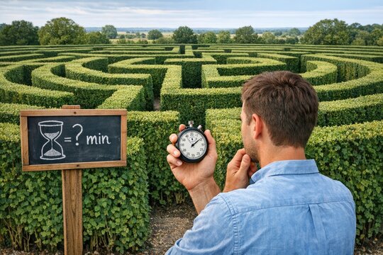 A person holds a clock while standing in front of a maze, great for time-related or puzzle-themed projects