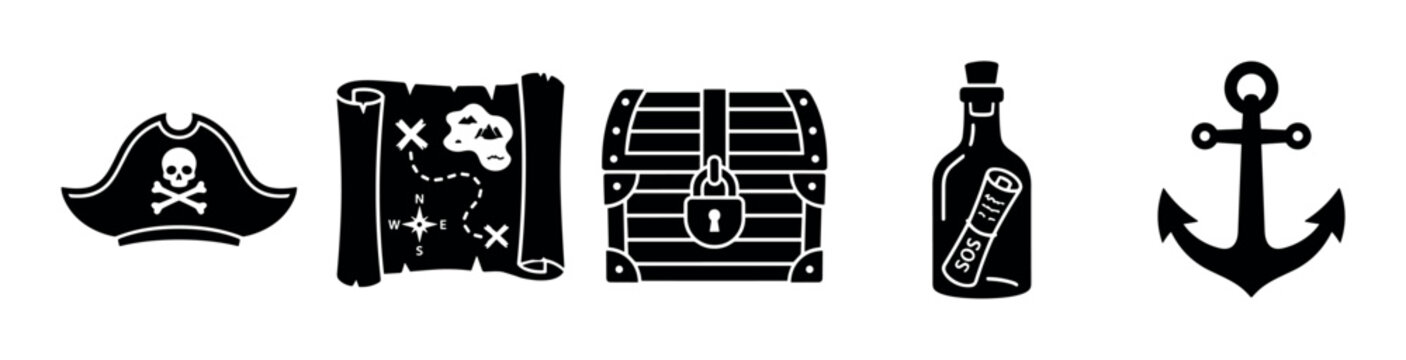 Pirate hat, treasure map, chest, bottle, anchor are essential icons depicting thrilling tales of buccaneers, hidden riches, and daring ocean voyages.