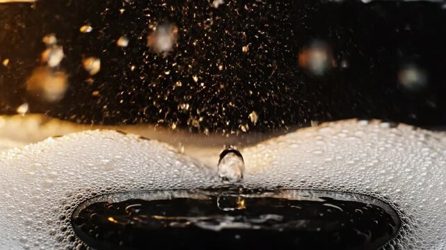 Water drop impacting basin with soapy foam surface. Macro sequence showing splash, crown formation and bubble settling. Chemical reaction and fluid physics effect