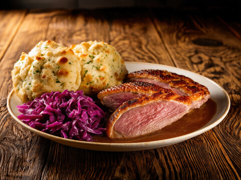 Roasted Duck Leg with Dumplings and Red Cabbage. AI generative.