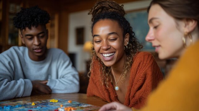Three young people, a boy and two girls, sitting at a wooden table and playing a board game together.