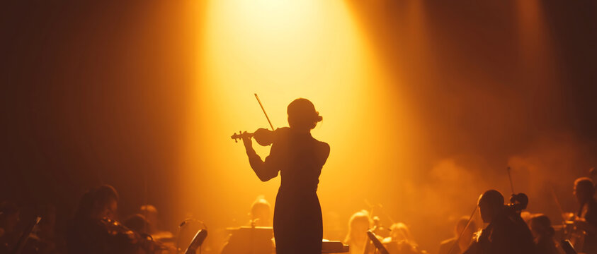 Silhouette Performing on Stage with Orchestra. AI generative.