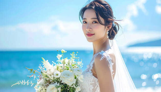 青い海と空を背景に白いウェディングドレスとブーケを持つ日本人花嫁のポートレート