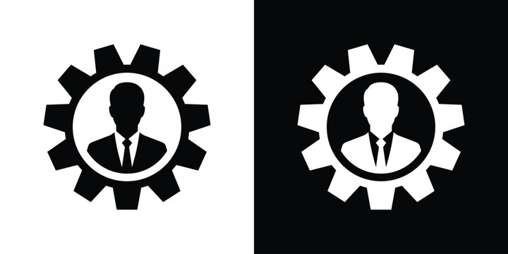 Businessman avatar icon positioned inside a mechanical gear wheel. Minimalist graphic symbolizing corporate management, employee productivity, teamwork, and HR operations.