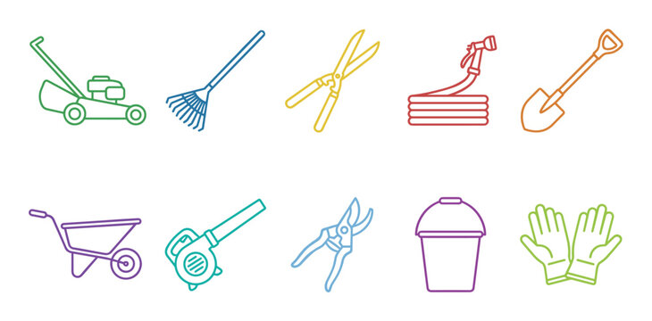 Colorful outline icons of various gardening tools and equipment, including a lawnmower, rake, shovel, and wheelbarrow, for landscaping and yard work.