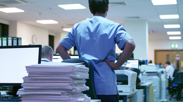Young psychiatric clinician in hospital office after long shift, burnout and exhaustion, slumped at blank computer screen with stacked patient files under fluorescent light