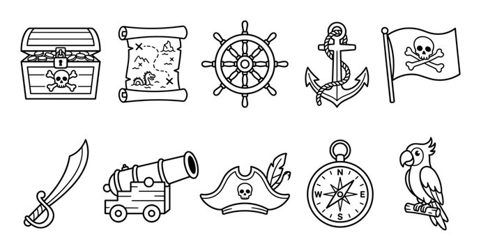 Pirate adventure collection featuring various nautical and treasure hunting elements like a map, chest, and flag in a simple line art style.