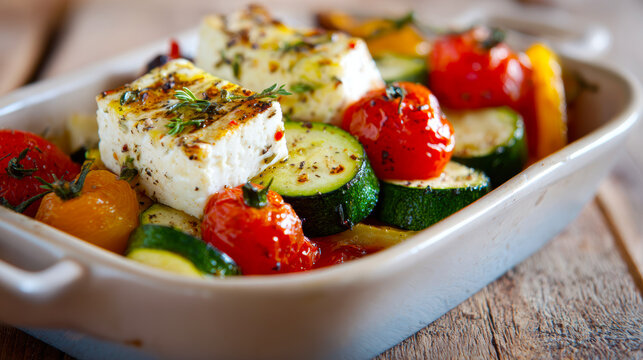 Baked Feta Cheese with Roasted Vegetables in Rustic Dish. AI generative.