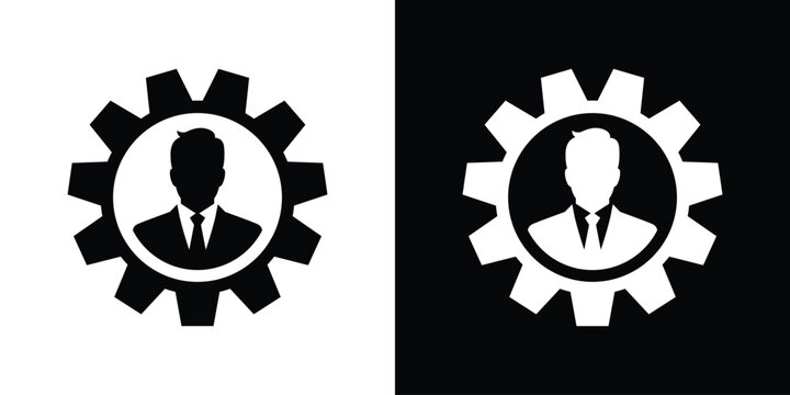Businessman avatar icon positioned inside a mechanical gear wheel. Minimalist graphic symbolizing corporate management, employee productivity, teamwork, and HR operations.