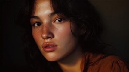 Fototapeta premium Close-up portrait of a young woman's face. she has dark hair that is styled in loose waves and falls over her shoulders. her eyes are looking directly at the camera with a serious expression.