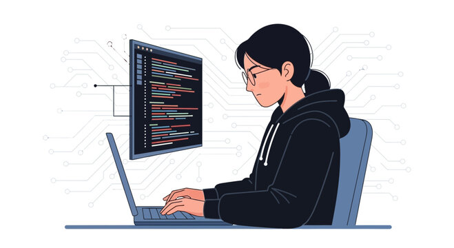 Young programmer coding on laptop with computer screen displaying code and circuit board background