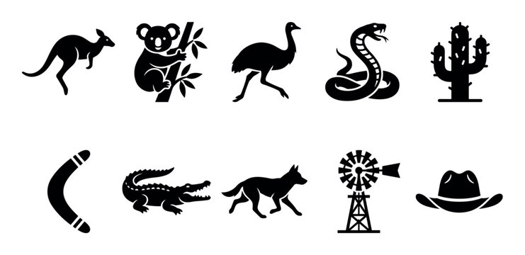 Australian wildlife and cultural symbols collection featuring iconic animals and objects representing the unique landscape and heritage of the continent.