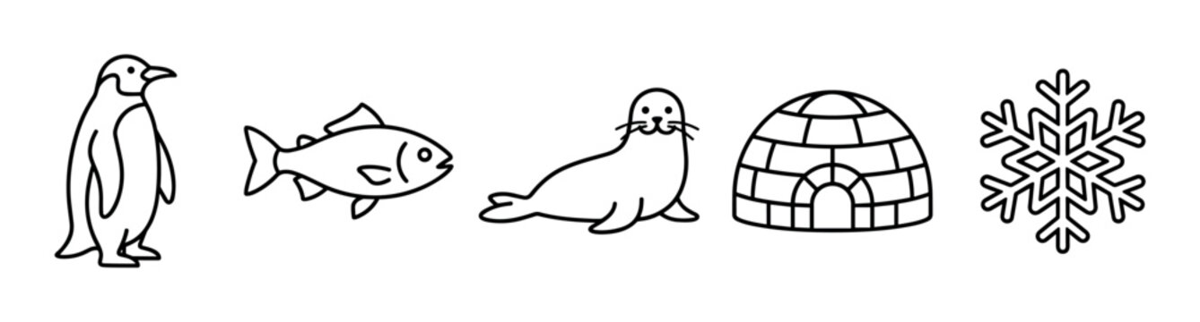 Penguin fish seal igloo snowflake outline icons depicting various arctic animals and winter elements in a clean, minimalist vector illustration style.