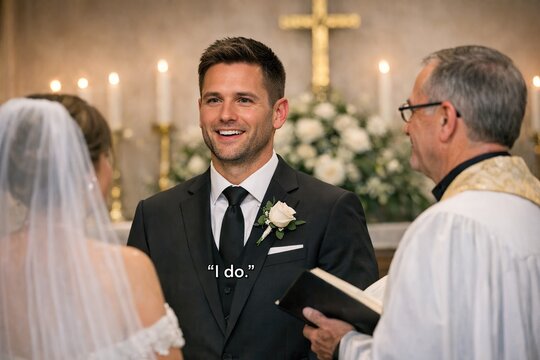 A formal occasion with a groom and bride, smiling and happy together