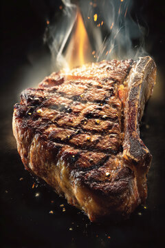 Juicy Grilled Steak with Grill Marks and Rising Steam. AI generativ.