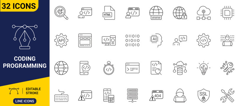 Coding programming set icon collection of clean outline symbols representing html tags, computer monitors, syntax brackets, and developer gears.