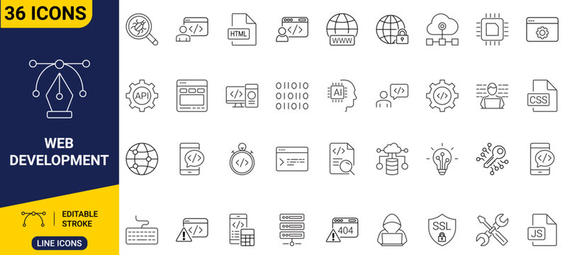 Web development set icon collection of clean outline symbols representing coding brackets, computer monitors, browser windows, and page layouts.