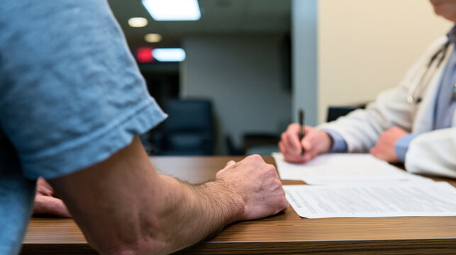 Behavioral health intake in a hospital as a clinician listens while a patient&rsquo;s hands relax on the desk, building calm trust