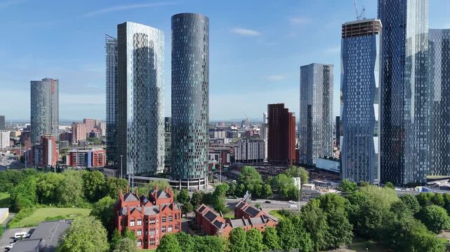 Manchester England Drone View of Modern Skyline and Urban Park