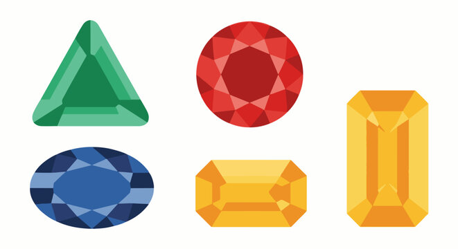 Collection of five colorful faceted gemstone icons