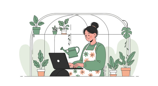 Woman working on laptop in a greenhouse with plants and watering can.