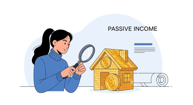 Woman with Magnifying Glass Examines House Symbol for Passive Income
