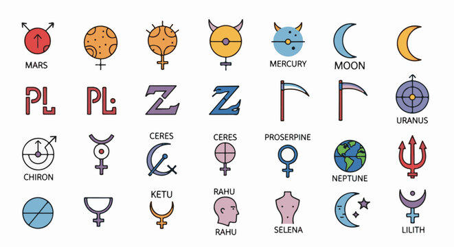 Collection of astrological symbols, planets, and celestial bodies with names