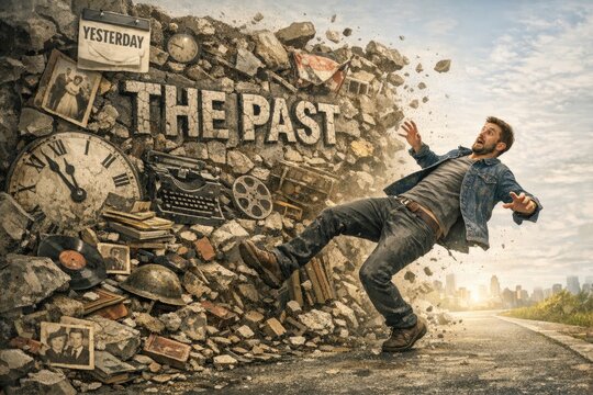 A person falls from a wall with a stone-like surface, as if leaving memories behind