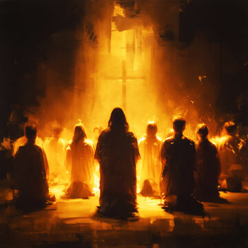 People Praying in Church with Glowing Cross Light &ndash; AI Generative