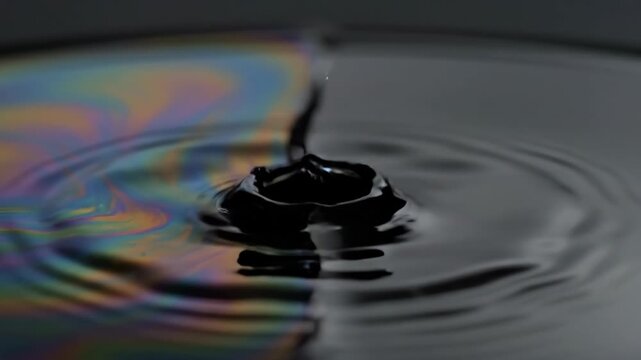Water drop falling into dark liquid surface creating concentric ripples and splash. High speed fluid dynamics experiment with iridescent light refraction effects