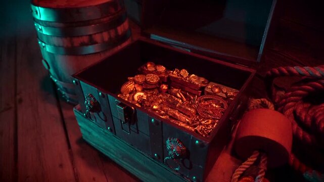 Treasure chest filled with gold sits on foggy sea-side wharf.